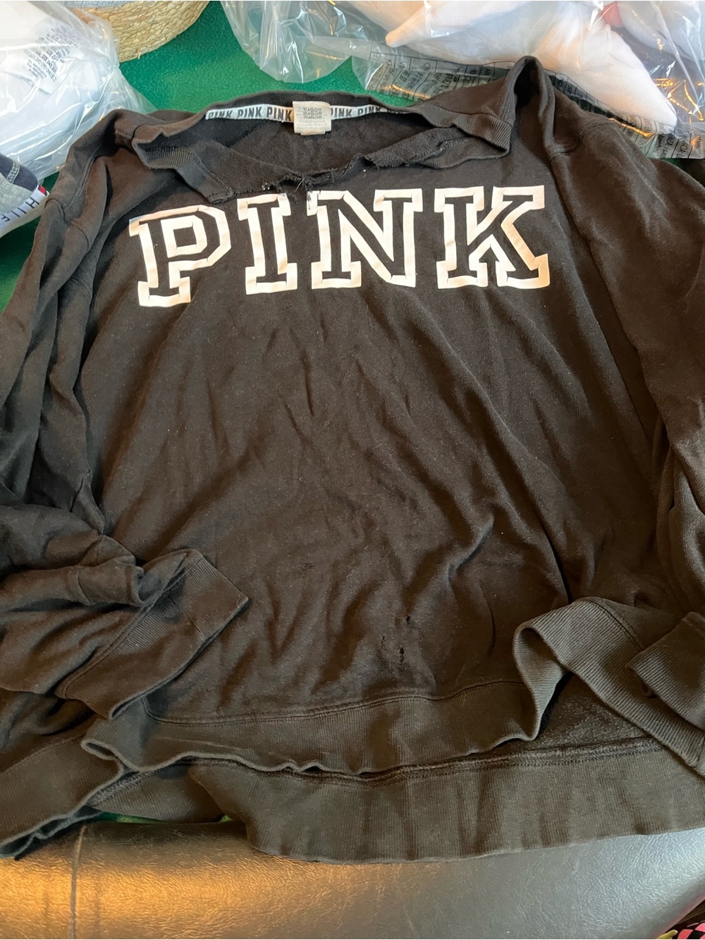 PINK Victoria's Secret Black Crewneck Sweatshirt with White Logo Worn Well